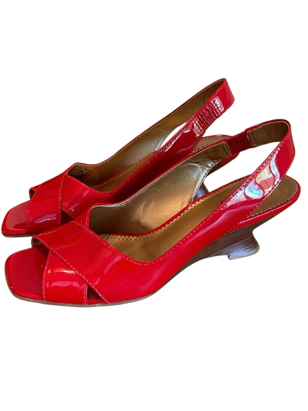 Franco Sarto Slim Wedge Red Patent Slingback Peep-toe Sculptural Heel 8 1/2